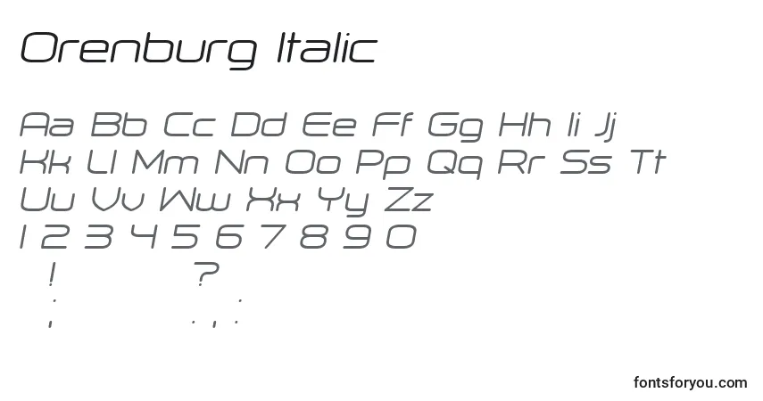 Schriftart Orenburg Italic – Alphabet, Zahlen, spezielle Symbole