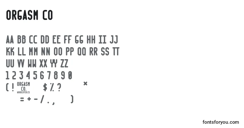 Czcionka Orgasm Co  – alfabet, cyfry, specjalne znaki