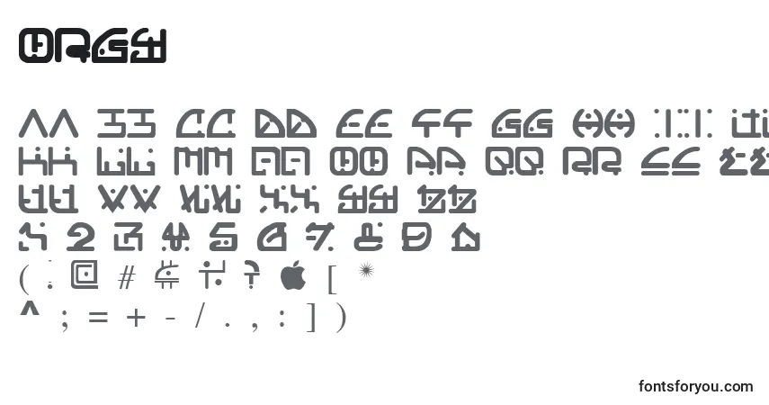 A fonte Orgy (136251) – alfabeto, números, caracteres especiais