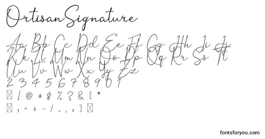A fonte OrtisanSignature – alfabeto, números, caracteres especiais