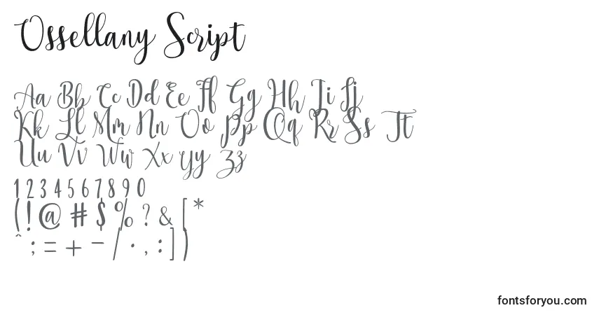 Czcionka Ossellany Script – alfabet, cyfry, specjalne znaki