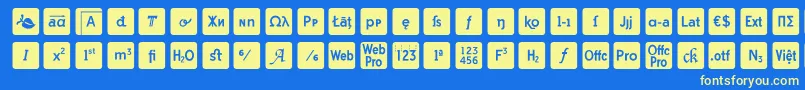 otf icons symbol font-fontti – keltaiset fontit sinisellä taustalla
