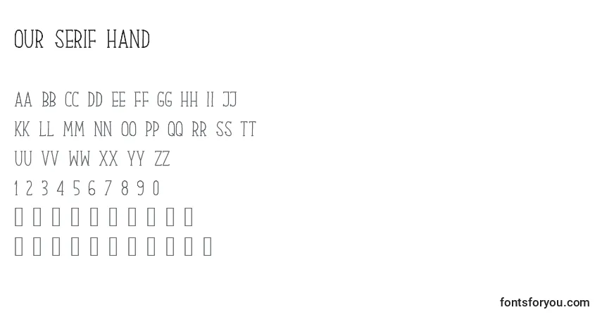 Czcionka Our Serif Hand – alfabet, cyfry, specjalne znaki