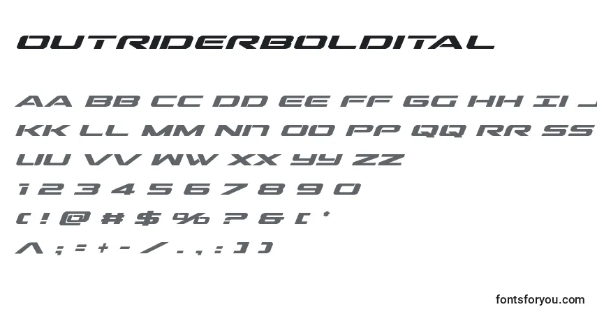 Шрифт Outriderboldital (136311) – алфавит, цифры, специальные символы