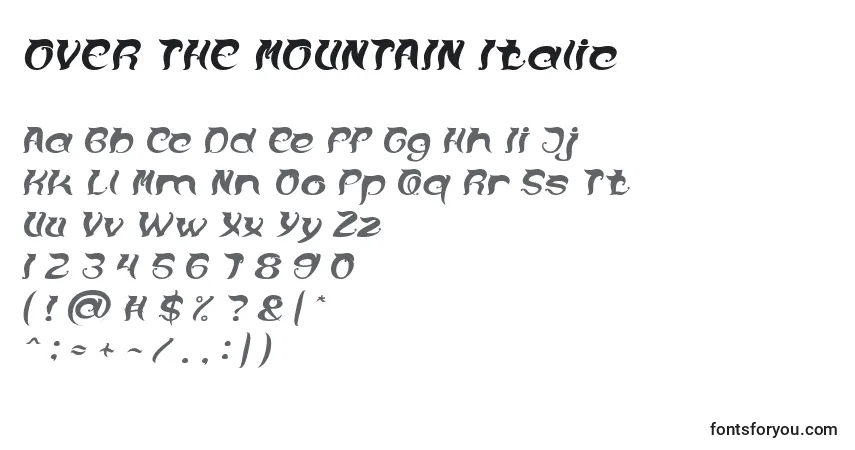 A fonte OVER THE MOUNTAIN Italic – alfabeto, números, caracteres especiais