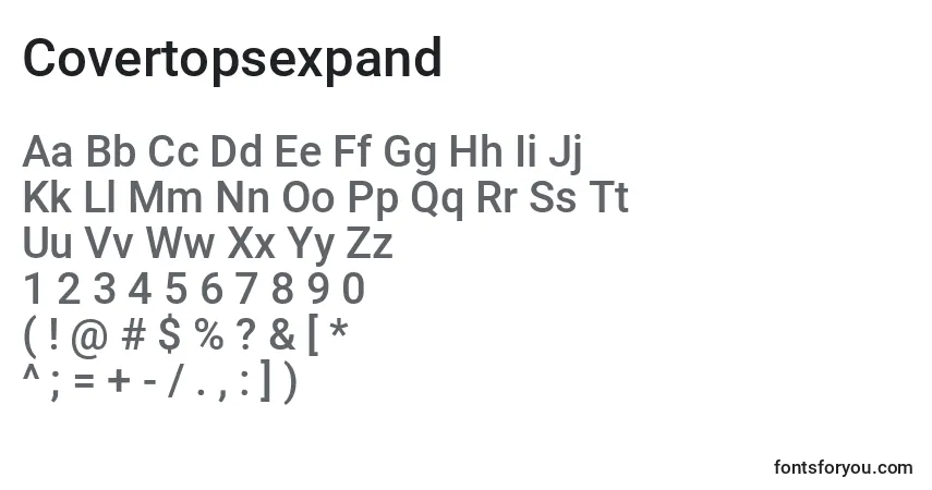 Czcionka Covertopsexpand – alfabet, cyfry, specjalne znaki