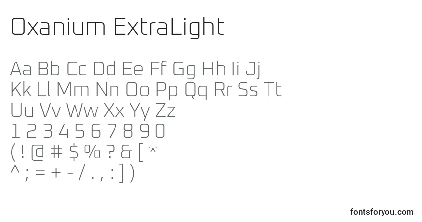 A fonte Oxanium ExtraLight – alfabeto, números, caracteres especiais