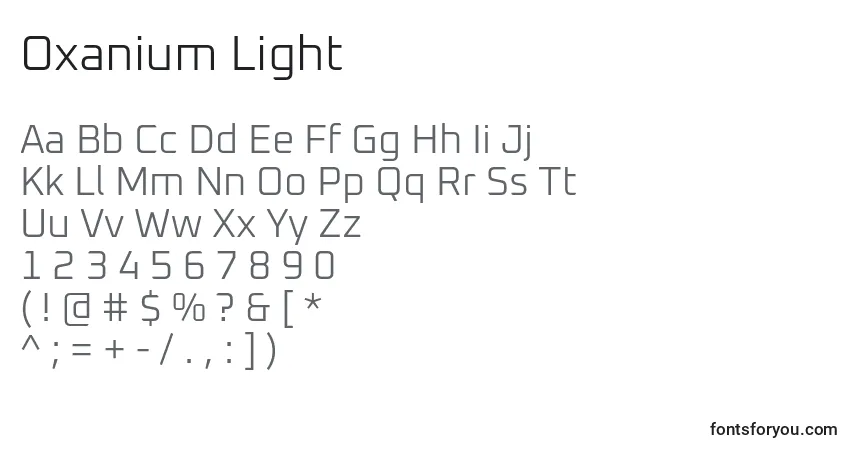 Czcionka Oxanium Light – alfabet, cyfry, specjalne znaki