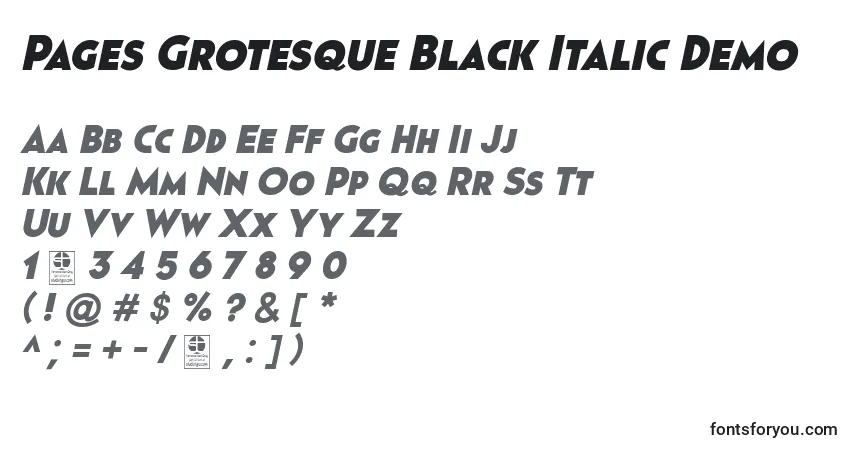 Schriftart Pages Grotesque Black Italic Demo – Alphabet, Zahlen, spezielle Symbole