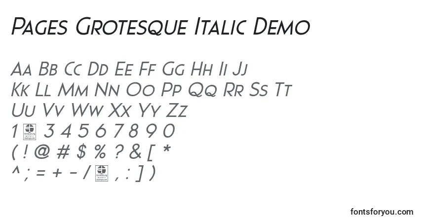 Pages Grotesque Italic Demo Font – alphabet, numbers, special characters