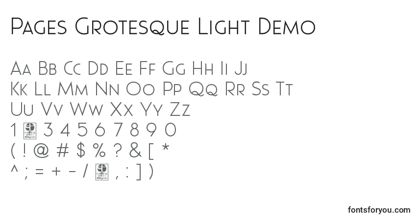 Шрифт Pages Grotesque Light Demo – алфавит, цифры, специальные символы