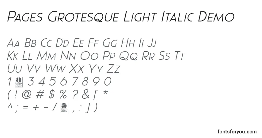 Schriftart Pages Grotesque Light Italic Demo – Alphabet, Zahlen, spezielle Symbole