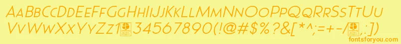 フォントPages Grotesque Light Italic Demo – オレンジの文字が黄色の背景にあります。