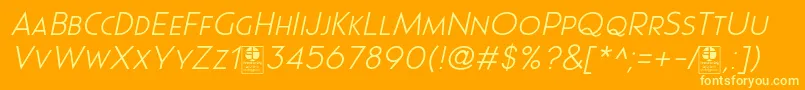 Шрифт Pages Grotesque Light Italic Demo – жёлтые шрифты на оранжевом фоне