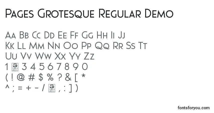A fonte Pages Grotesque Regular Demo – alfabeto, números, caracteres especiais