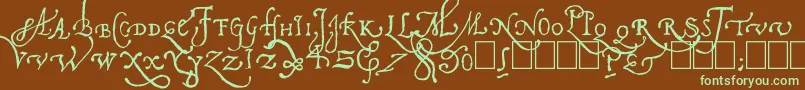 フォントPal Antic – 緑色の文字が茶色の背景にあります。