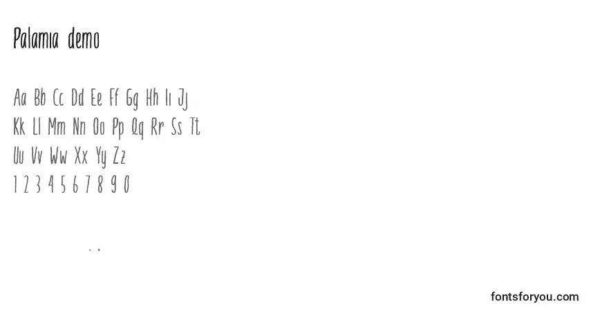 Schriftart Palamia demo – Alphabet, Zahlen, spezielle Symbole