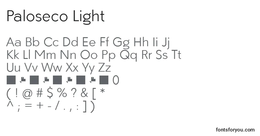 Schriftart Paloseco Light – Alphabet, Zahlen, spezielle Symbole