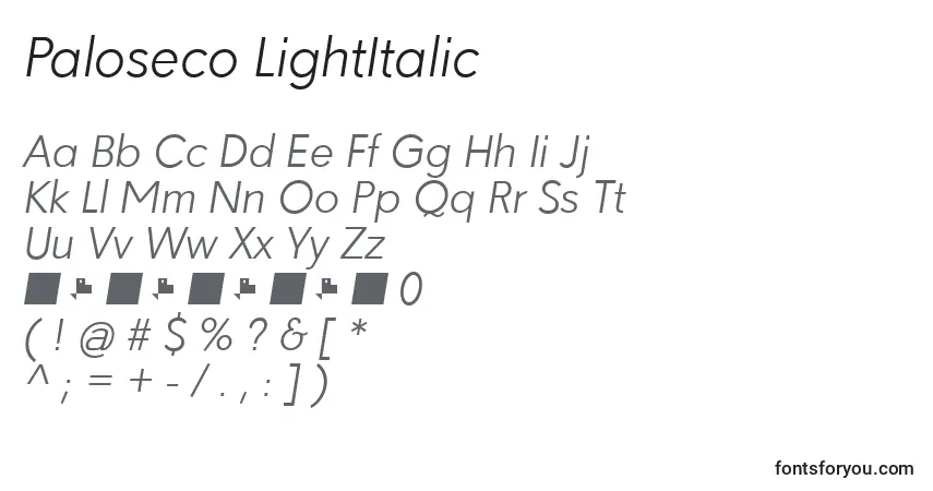 A fonte Paloseco LightItalic – alfabeto, números, caracteres especiais