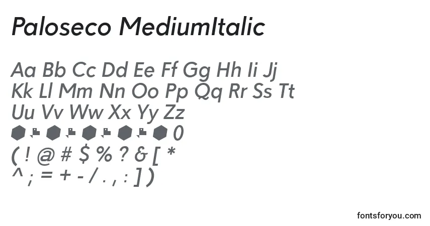 Шрифт Paloseco MediumItalic – алфавит, цифры, специальные символы