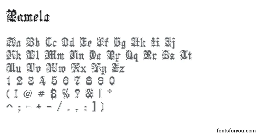 Czcionka Pamela (136433) – alfabet, cyfry, specjalne znaki