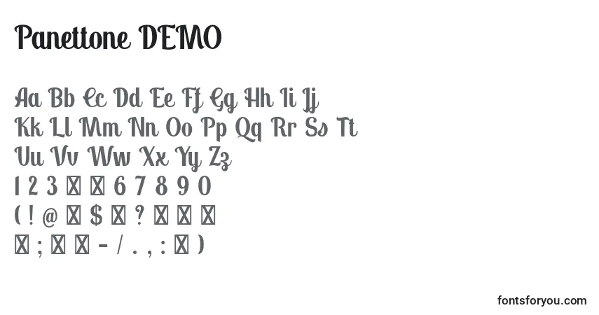 A fonte Panettone DEMO – alfabeto, números, caracteres especiais