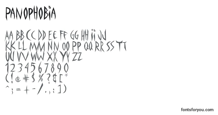 A fonte Panophobia (136460) – alfabeto, números, caracteres especiais
