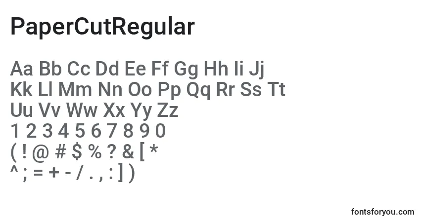 A fonte PaperCutRegular (136471) – alfabeto, números, caracteres especiais
