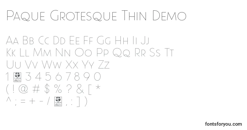Czcionka Paque Grotesque Thin Demo – alfabet, cyfry, specjalne znaki