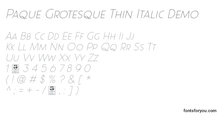 Schriftart Paque Grotesque Thin Italic Demo – Alphabet, Zahlen, spezielle Symbole