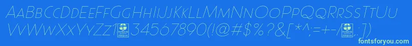 Paque Grotesque Thin Italic Demo-Schriftart – Grüne Schriften auf blauem Hintergrund