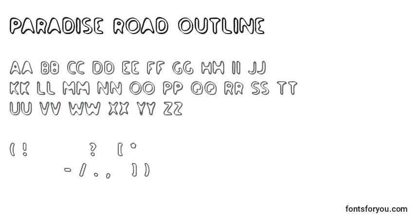 Schriftart Paradise road outline – Alphabet, Zahlen, spezielle Symbole