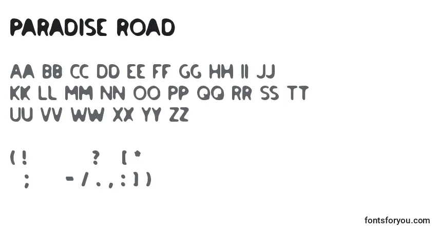 Czcionka Paradise road – alfabet, cyfry, specjalne znaki