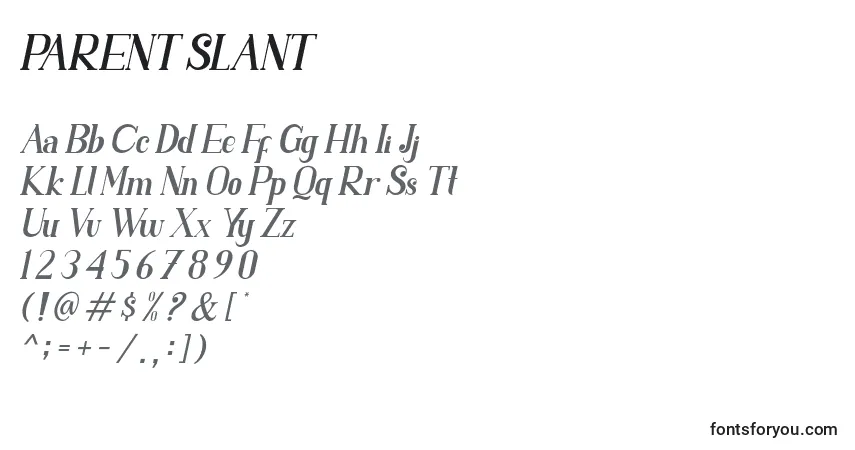 Czcionka PARENT SLANT – alfabet, cyfry, specjalne znaki