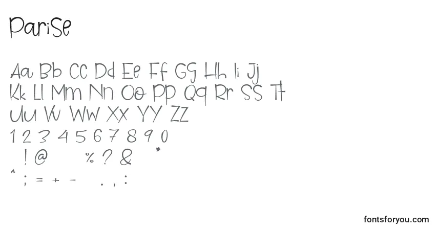 Czcionka Parise – alfabet, cyfry, specjalne znaki