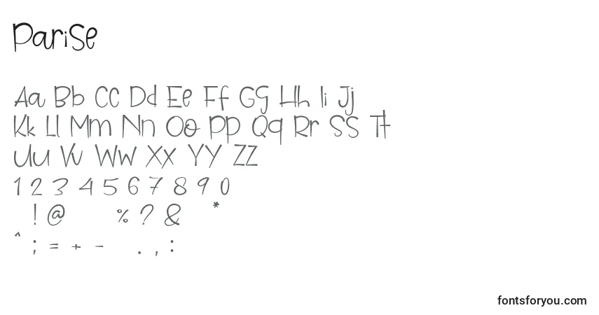 A fonte Parise (136501) – alfabeto, números, caracteres especiais