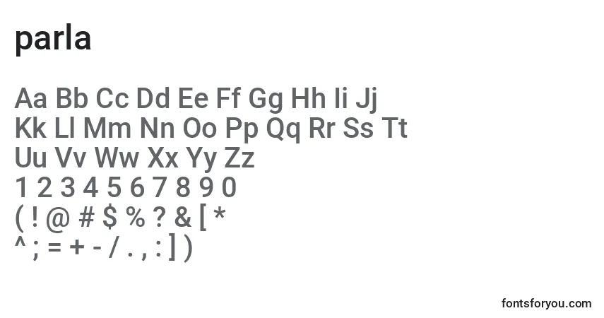 A fonte Parla (136506) – alfabeto, números, caracteres especiais
