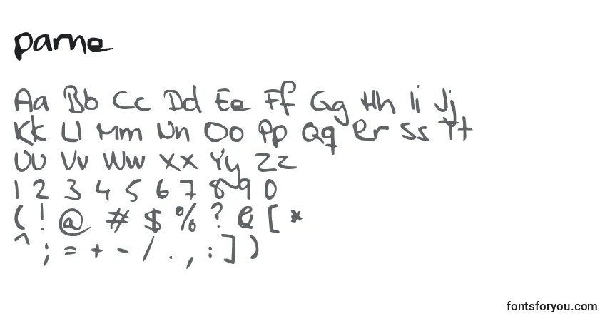 A fonte Parne (136509) – alfabeto, números, caracteres especiais