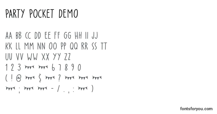 Schriftart Party Pocket DEMO – Alphabet, Zahlen, spezielle Symbole