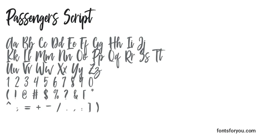 A fonte Passengers Script (136526) – alfabeto, números, caracteres especiais