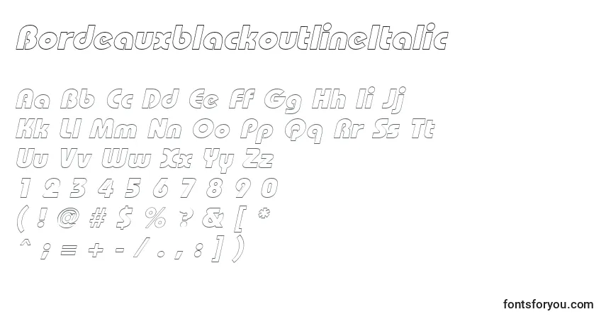 Шрифт BordeauxblackoutlineItalic – алфавит, цифры, специальные символы