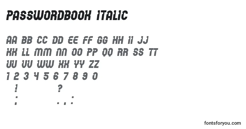 A fonte PasswordBook Italic – alfabeto, números, caracteres especiais