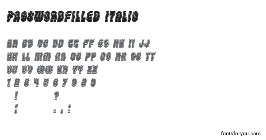 Schriftart PasswordFilled Italic – Alphabet, Zahlen, spezielle Symbole