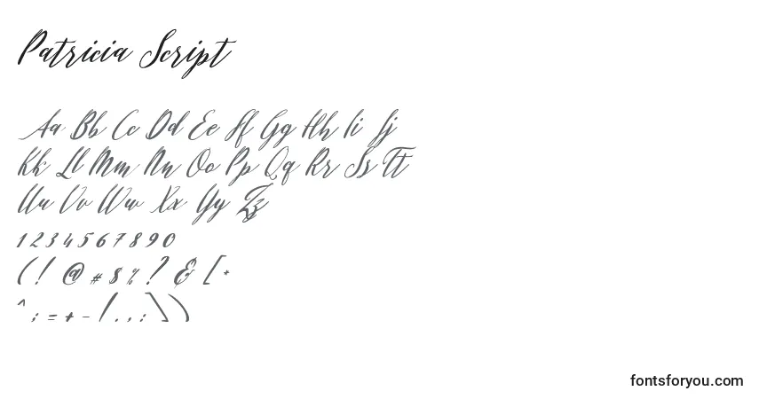 Czcionka Patricia Script – alfabet, cyfry, specjalne znaki