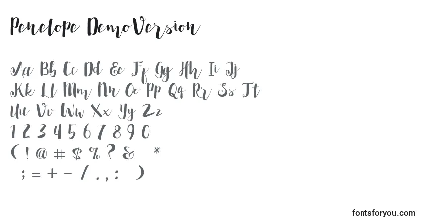 Schriftart Penelope DemoVersion – Alphabet, Zahlen, spezielle Symbole