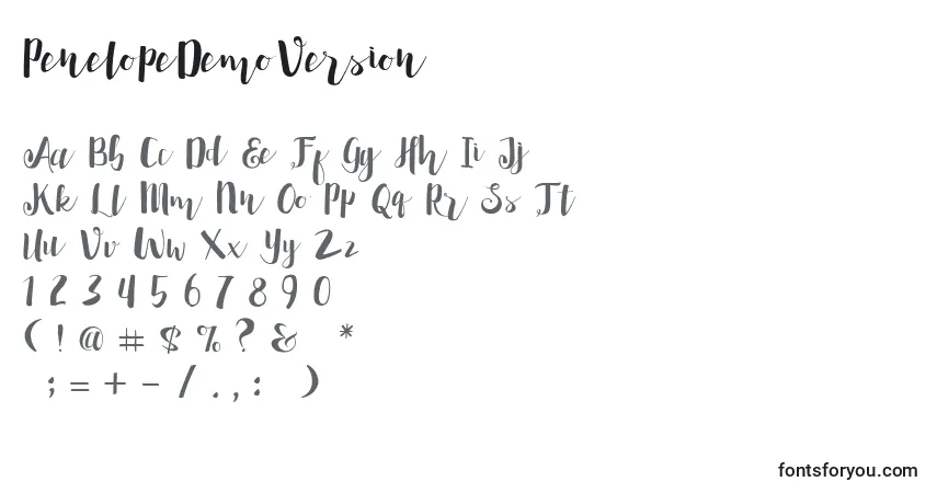 A fonte PenelopeDemoVersion – alfabeto, números, caracteres especiais