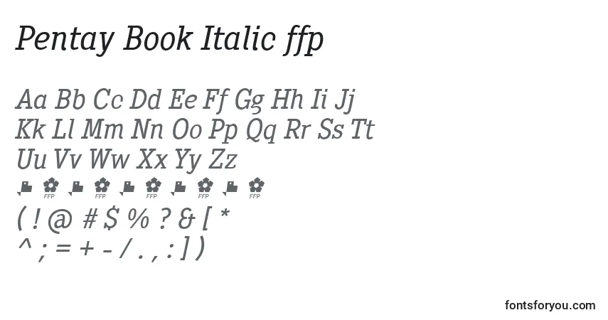 Czcionka Pentay Book Italic ffp – alfabet, cyfry, specjalne znaki