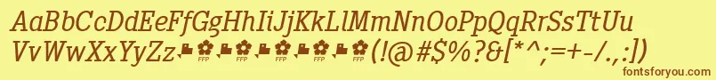 フォントPentay Book Italic ffp – 茶色の文字が黄色の背景にあります。