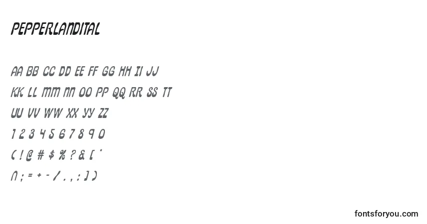 Schriftart Pepperlandital – Alphabet, Zahlen, spezielle Symbole