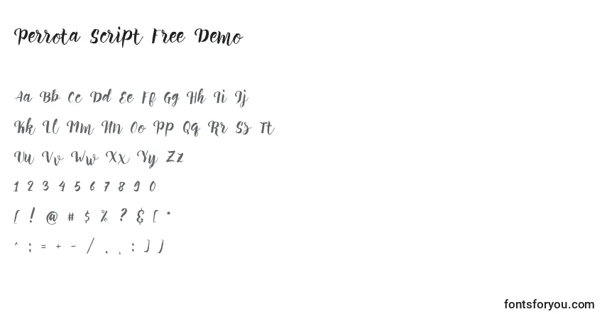 Czcionka Perrota Script Free Demo – alfabet, cyfry, specjalne znaki